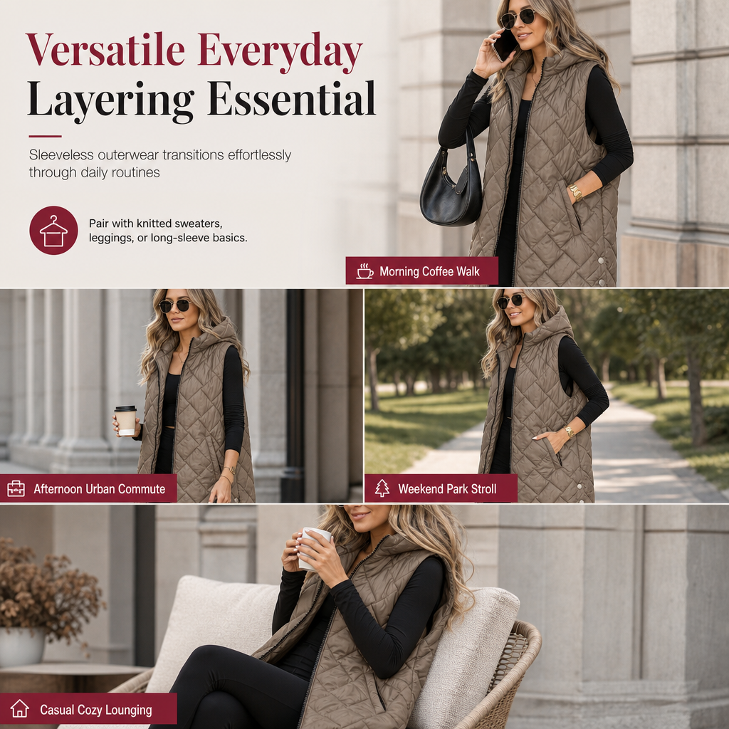 Women's Casual Mid-Length Hooded Padded Vest
