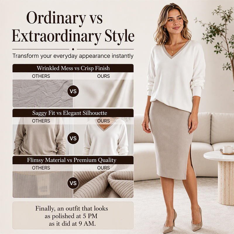 Women's Long Sleeve V-Neck Top & Ribbed Skirt Set
