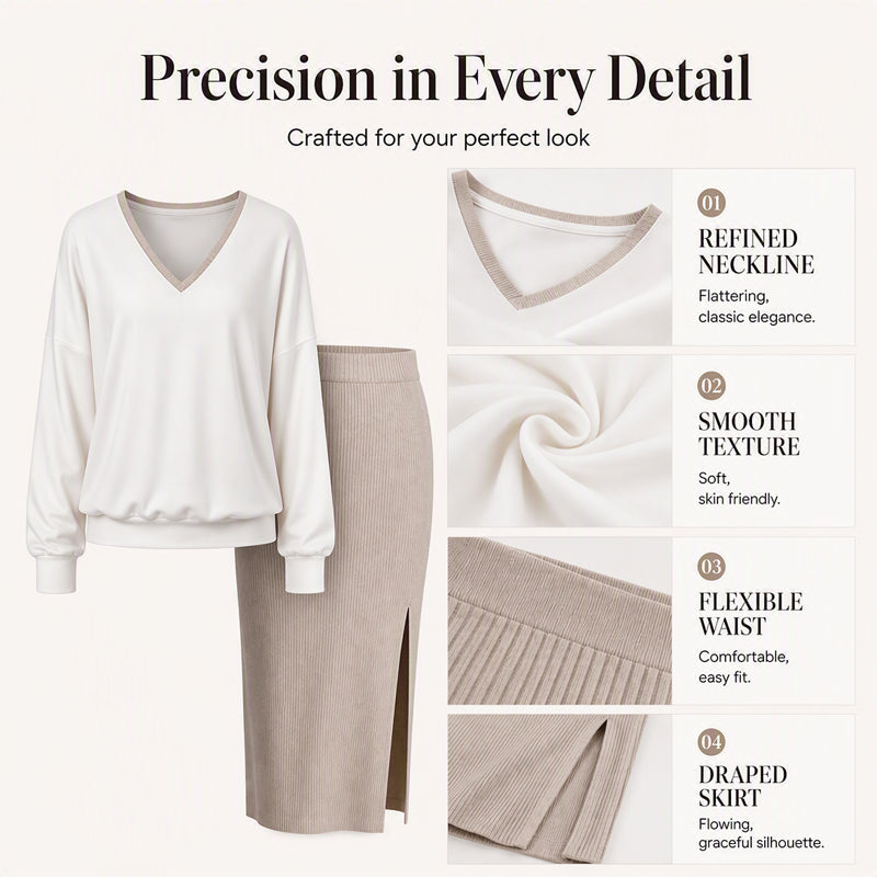 Women's Long Sleeve V-Neck Top & Ribbed Skirt Set