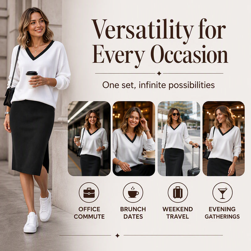 Women's Long Sleeve V-Neck Top & Ribbed Skirt Set