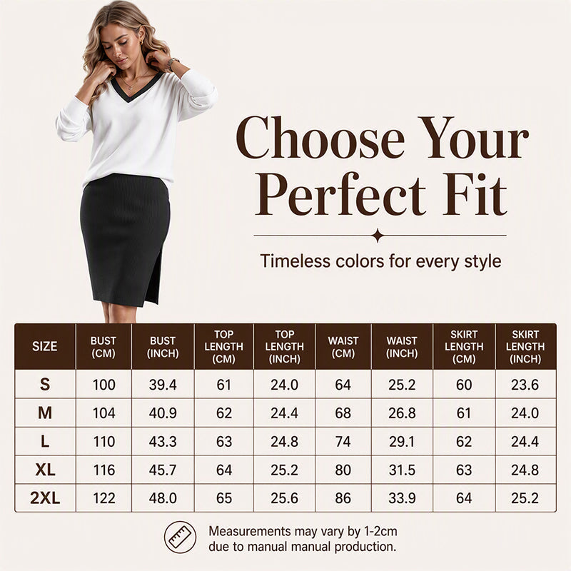 Women's Long Sleeve V-Neck Top & Ribbed Skirt Set