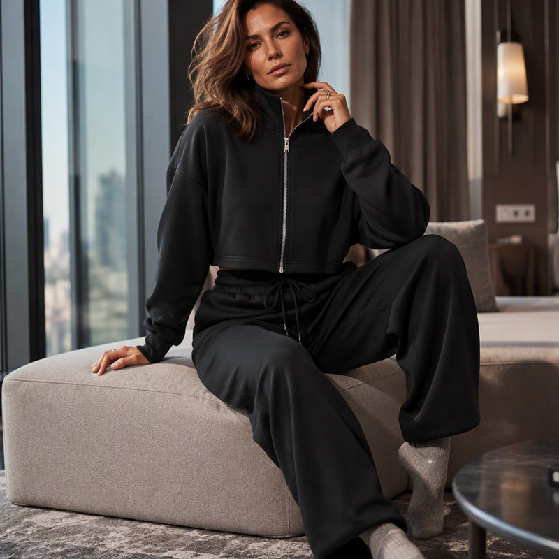 Women's Crop Zipper Top & Wide-Leg Pants Set