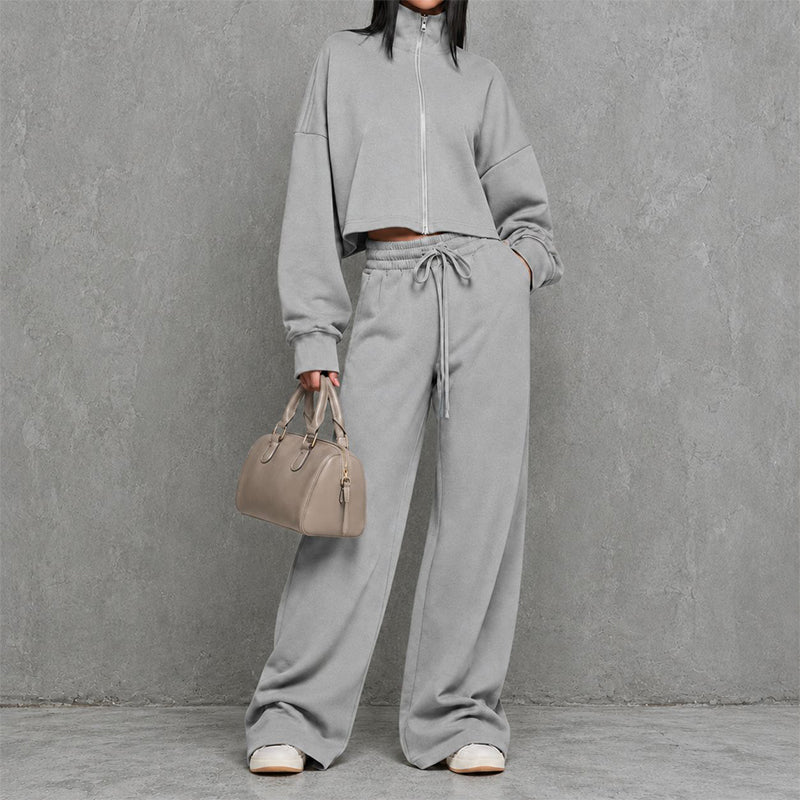Women's Crop Zipper Top & Wide-Leg Pants Set