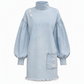 👖 Denim with Drama | Women’s Frayed Mock-Neck Denim Mini Dress with Lantern Sleeves
