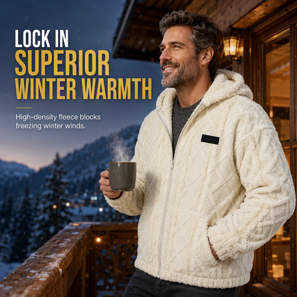 Men's Cable Embossed Sherpa Fleece Zip Up Hooded with Pockets