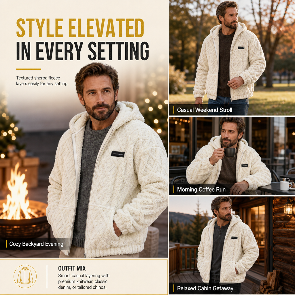 Men's Cable Embossed Sherpa Fleece Zip Up Hooded with Pockets