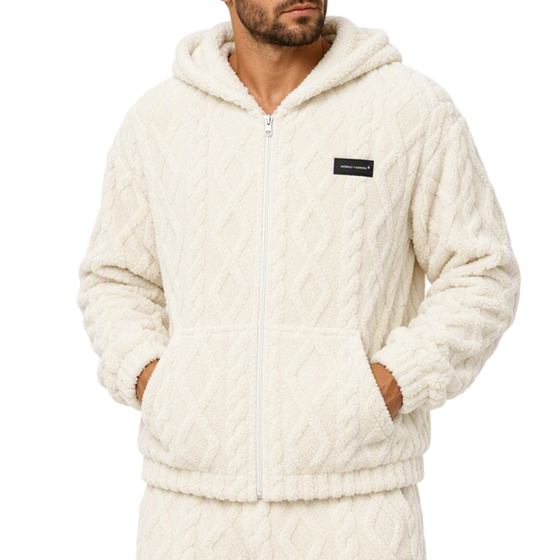 Men's Cable Embossed Sherpa Fleece Zip Up Hooded with Pockets