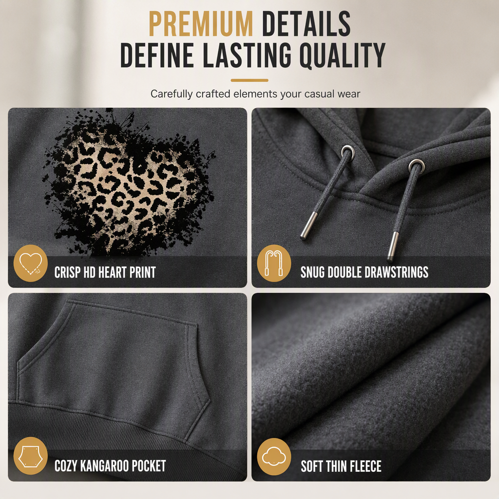 Women's Casual Fleece Hoodie with Leopard Heart Graphic and Kangaroo Pocket