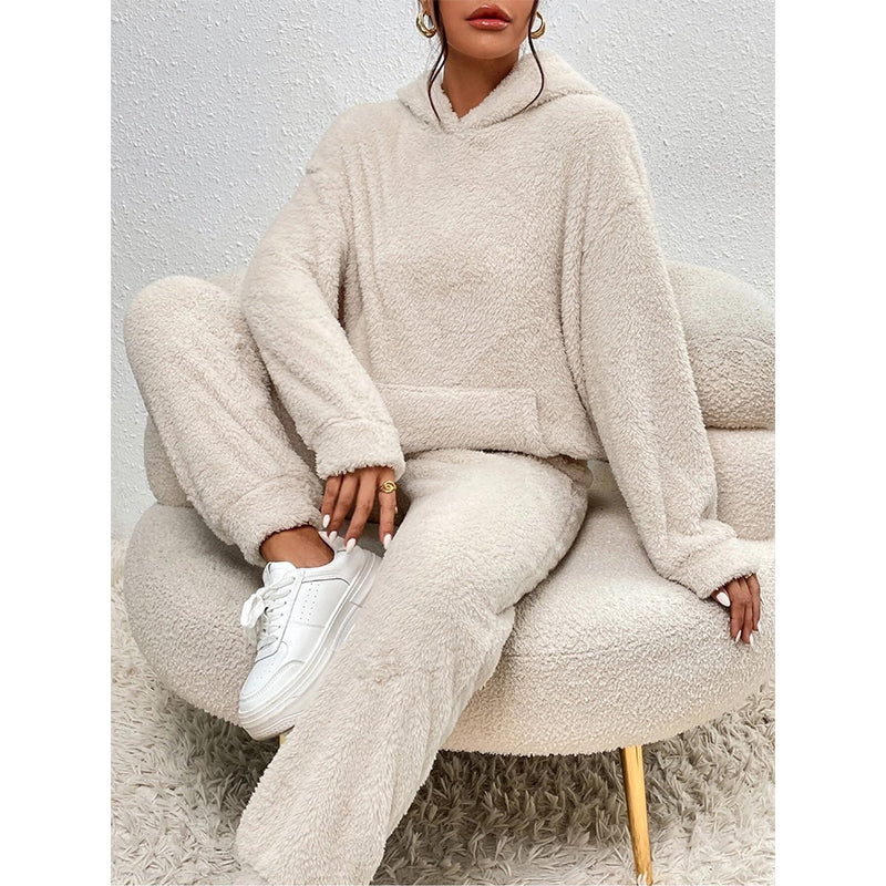 🧸 Cozy Plush Warmth, Effortless Matching | Women's Hooded 2-Piece Lounge Set