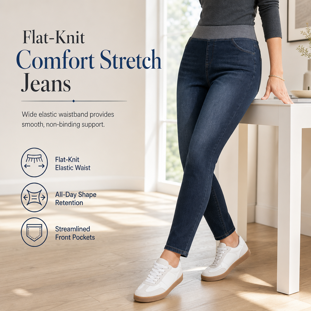 Women's High-Rise Pull-On Slim Fit Dark Wash Denim Jeans with Wide Elastic Waistband