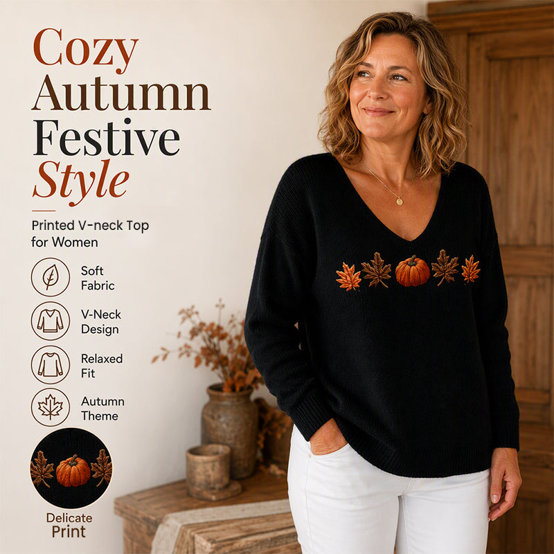 Women's Pumpkin Print V-Neck Long Sleeve Top