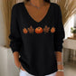 Women's Pumpkin Print V-Neck Long Sleeve Top