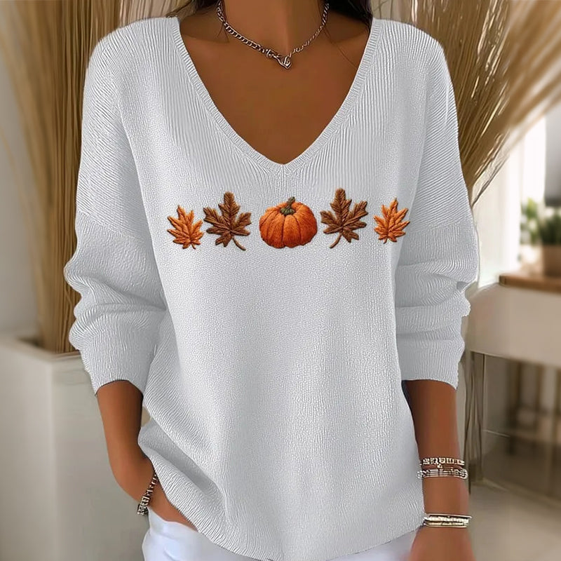 Women's Pumpkin Print V-Neck Long Sleeve Top