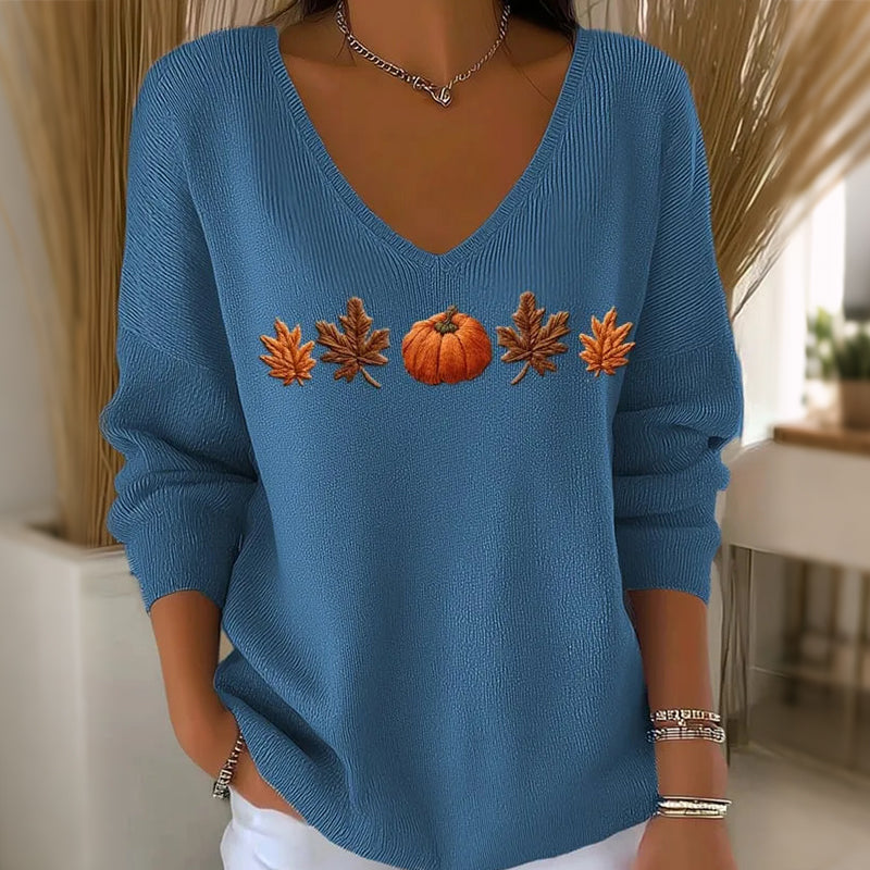 Women's Pumpkin Print V-Neck Long Sleeve Top