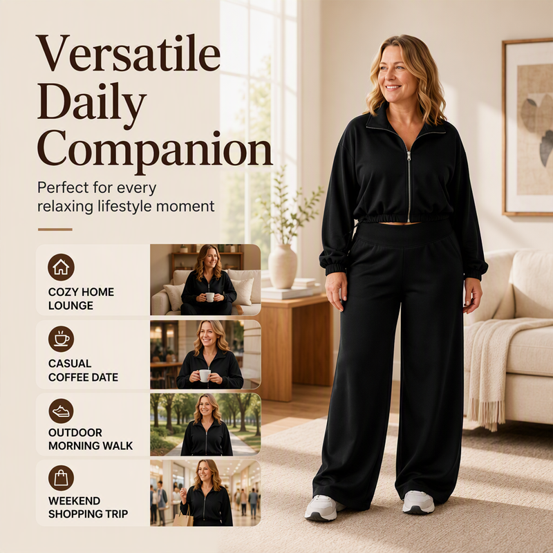Women's Cropped Zip-Up Sweatshirt & Wide-Leg Pants Set