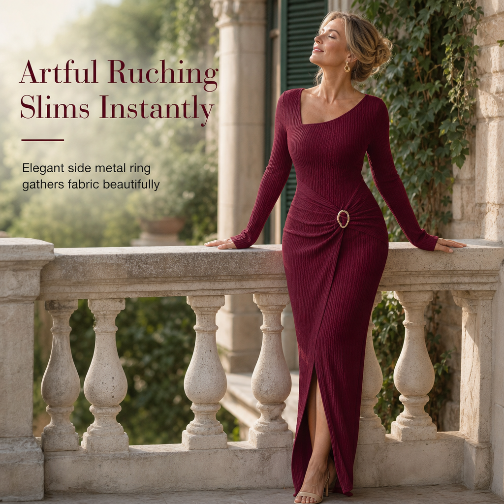 Women's Autumn Winter Solid Color Knit Texture Long Dress with Irregular Neckline