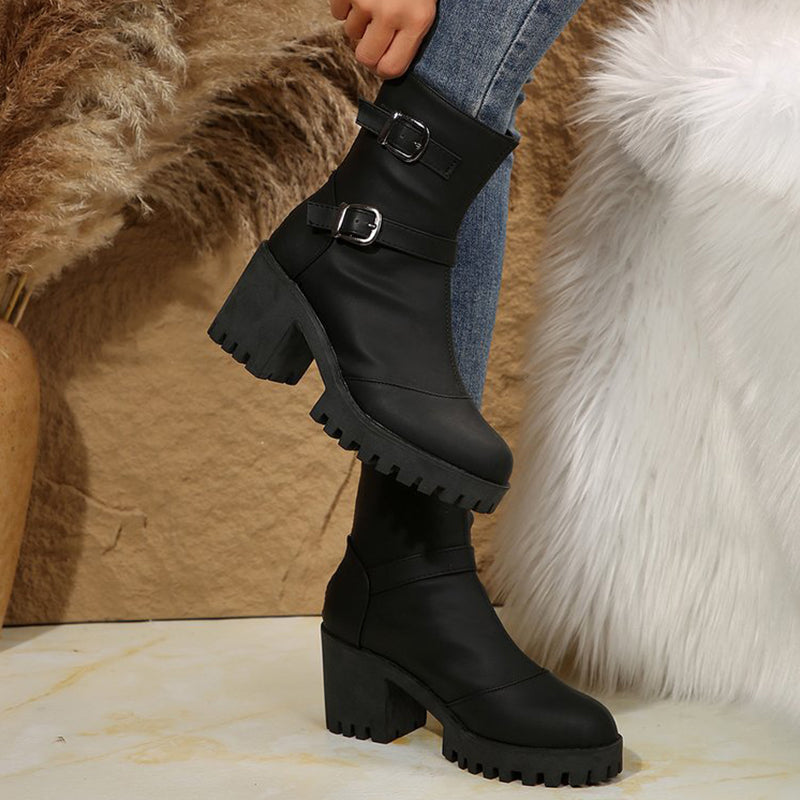 ✨Women's Chunky Heel Buckle Mid-Calf Boots – Trendy, Comfortable, Everyday Style with a Bold Edge