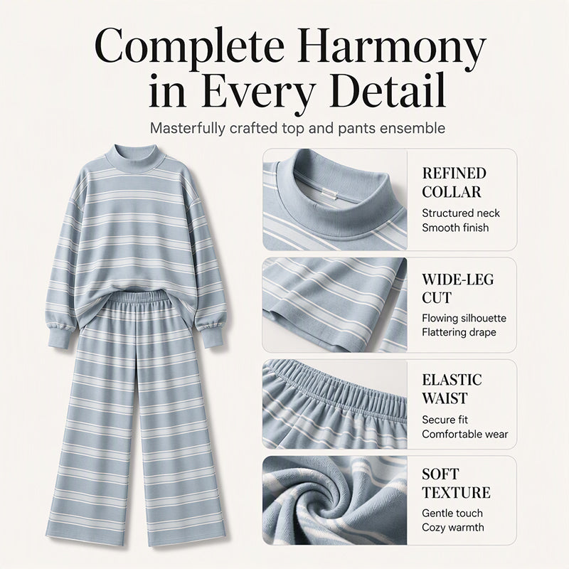 Women's Striped Mock Neck Top & Wide-Leg Pants Set