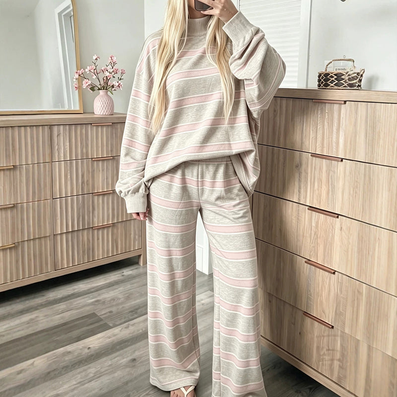 Women's Striped Mock Neck Top & Wide-Leg Pants Set