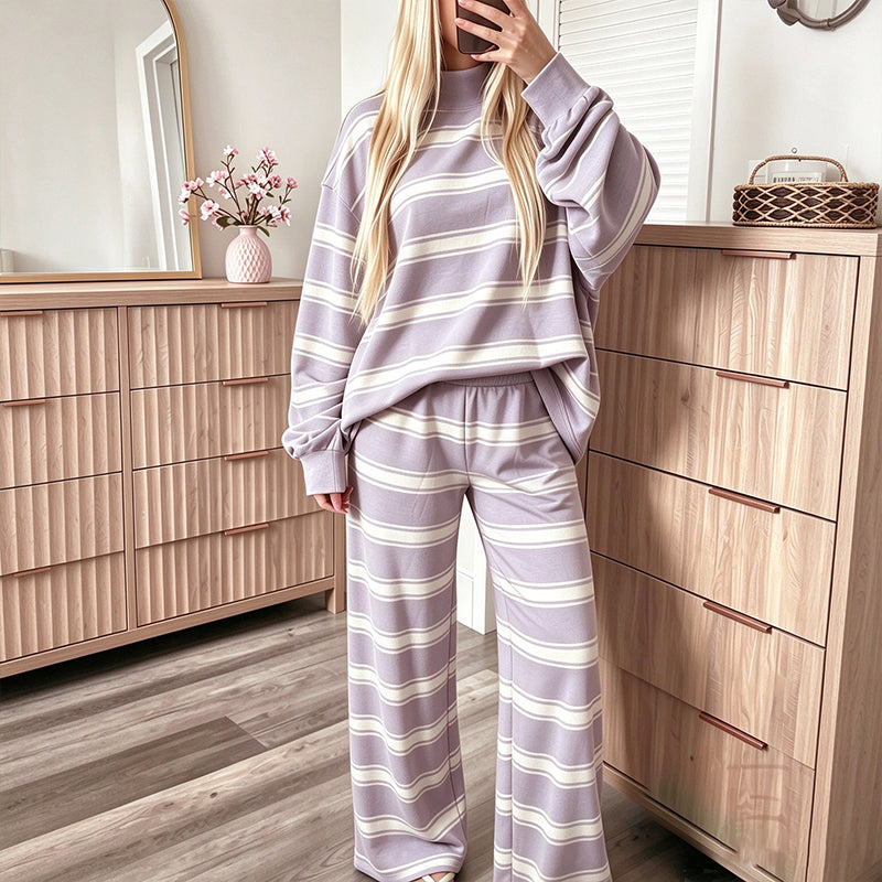 Women's Striped Mock Neck Top & Wide-Leg Pants Set