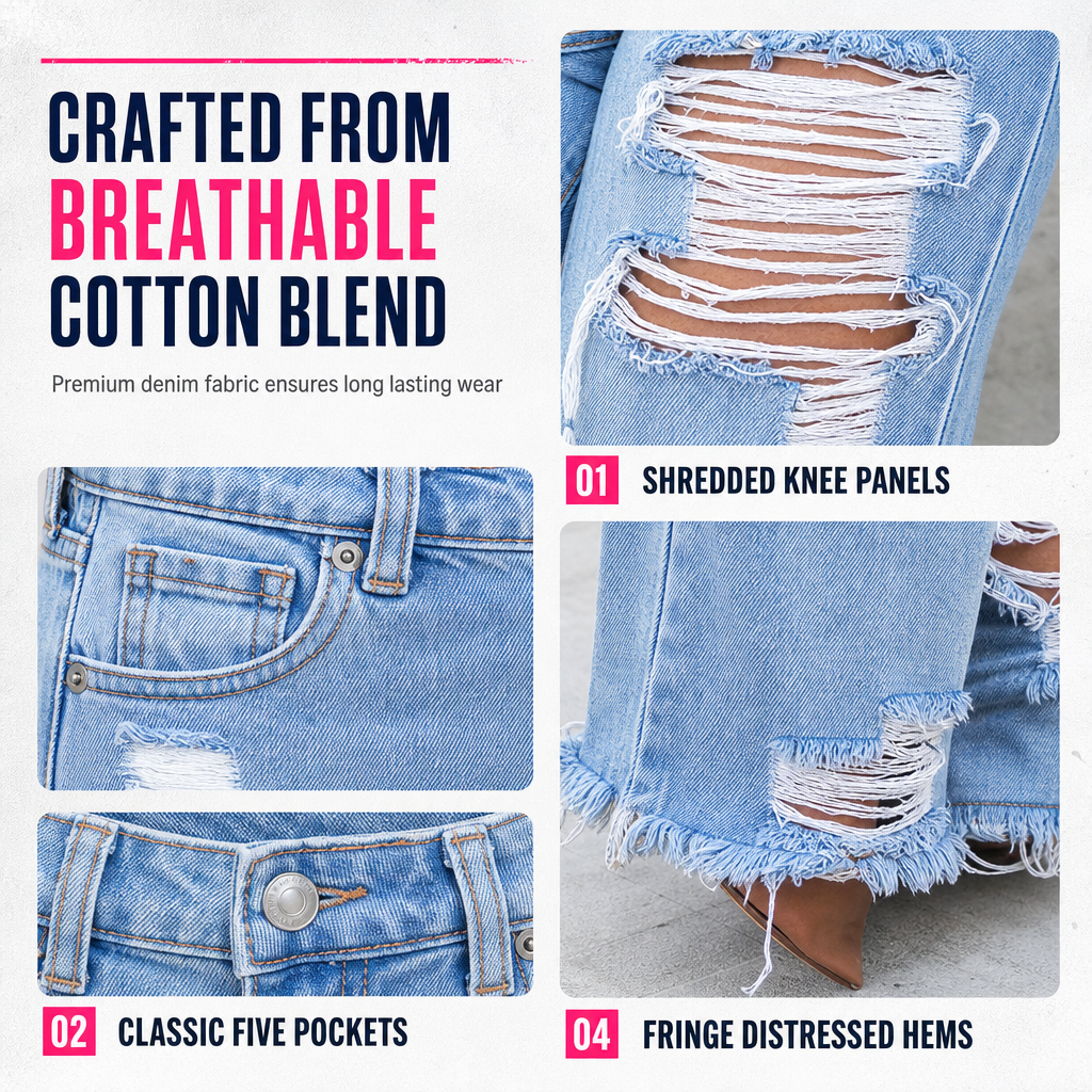 Women's Distressed Ripped Straight Leg Denim Jeans