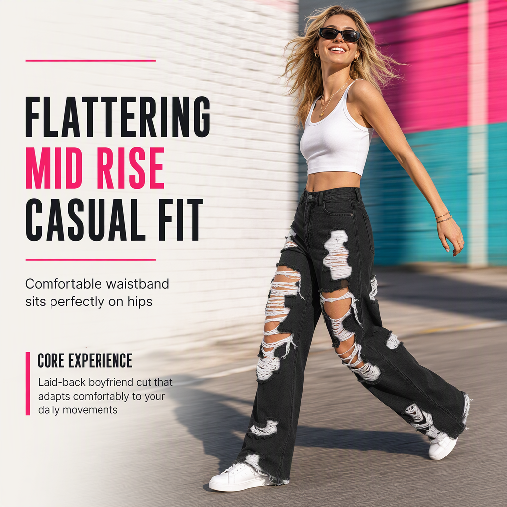 Women's Distressed Ripped Straight Leg Denim Jeans
