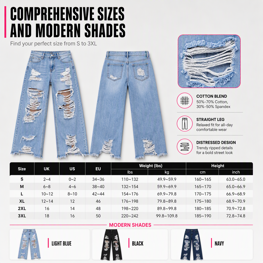 Women's Distressed Ripped Straight Leg Denim Jeans