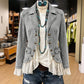 Women's Notch Lapel Denim Jacket with Lace Hem