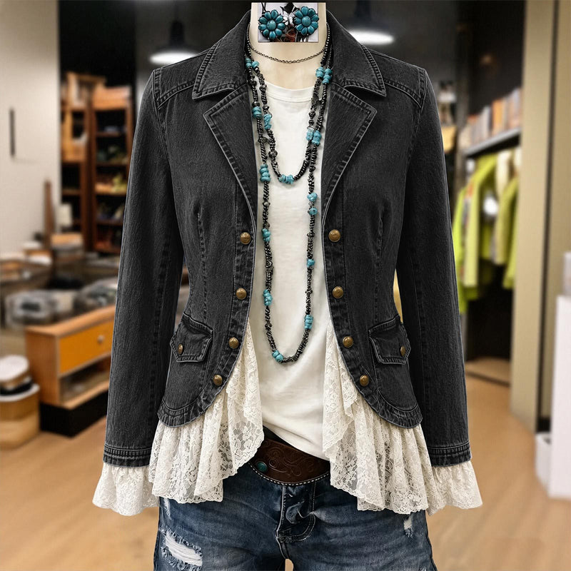 Women's Notch Lapel Denim Jacket with Lace Hem