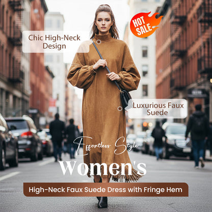 Women's High-Neck Faux Suede Dress with Fringe Hem