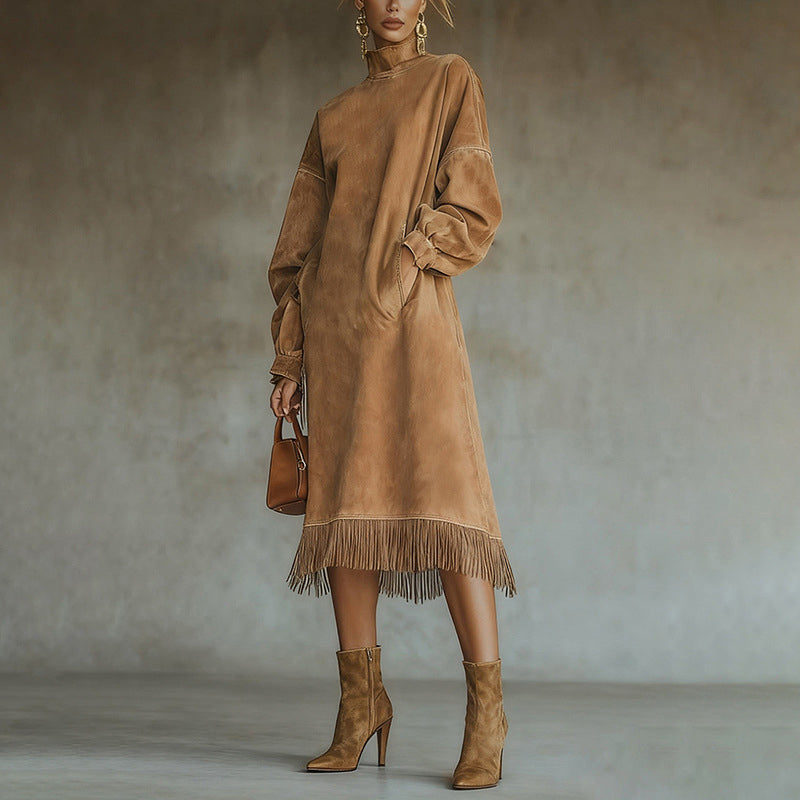 Women's High-Neck Faux Suede Dress with Fringe Hem