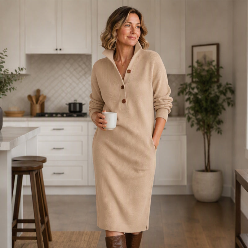 Women's Ribbed Knit Sweater Dress with Lapel Collar