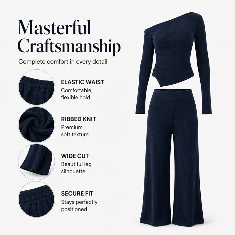 Women's Off-Shoulder Long Sleeve Top & Wide-Leg Pants Set