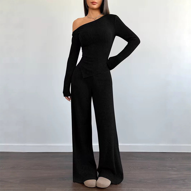 Women's Off-Shoulder Long Sleeve Top & Wide-Leg Pants Set