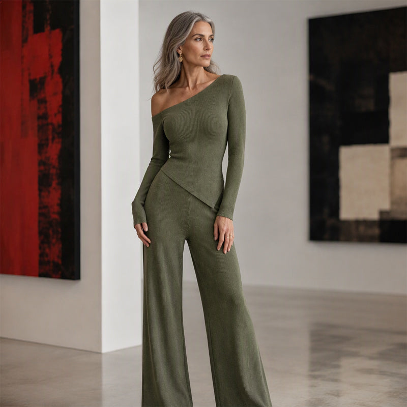 Women's Off-Shoulder Long Sleeve Top & Wide-Leg Pants Set