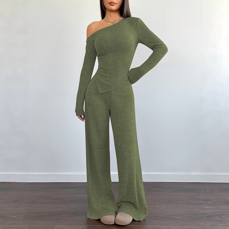 Women's Off-Shoulder Long Sleeve Top & Wide-Leg Pants Set