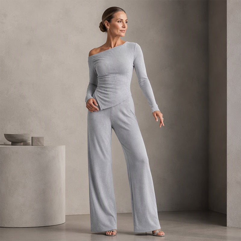 Women's Off-Shoulder Long Sleeve Top & Wide-Leg Pants Set