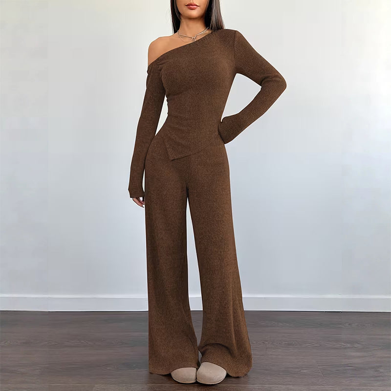 Women's Off-Shoulder Long Sleeve Top & Wide-Leg Pants Set