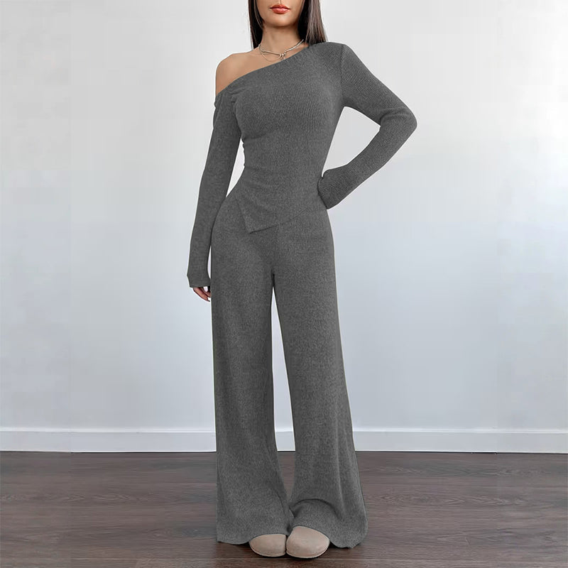 Women's Off-Shoulder Long Sleeve Top & Wide-Leg Pants Set