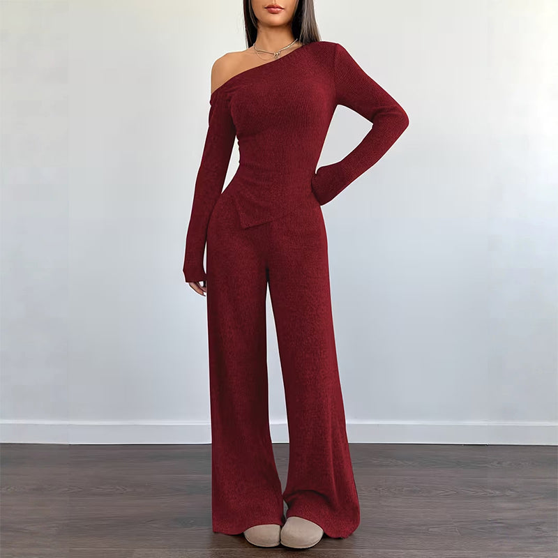 Women's Off-Shoulder Long Sleeve Top & Wide-Leg Pants Set