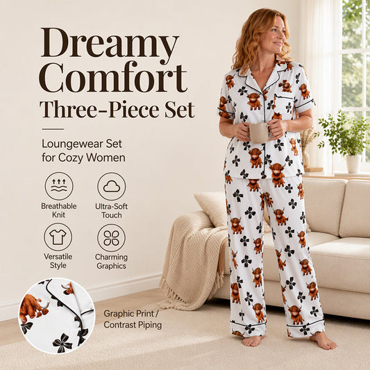 🐮 50% OFF | Women's 3-Piece Cute Print Pajama Set – Top, Shorts & Trousers