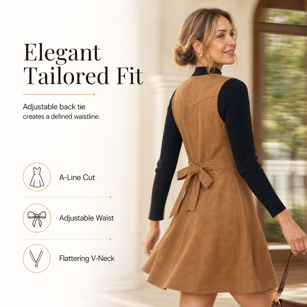 💖Black Friday Mega Deal – 50% off!💖🌸Classic Faux Suede V Neck Button Front Sleeveless Pinafore Dress