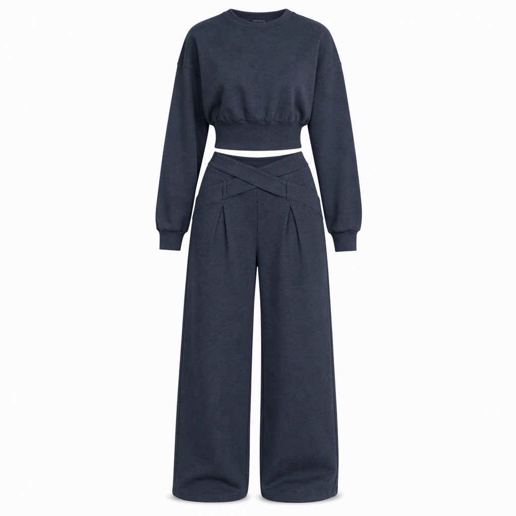 Casual Sporty Autumn Winter Long Sleeve T-Shirt and Loose Cross Waist Wide Leg Pants Two Piece Set