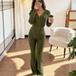 Women's Ribbed Hooded Zip-Up Jacket & Flare Pants Set