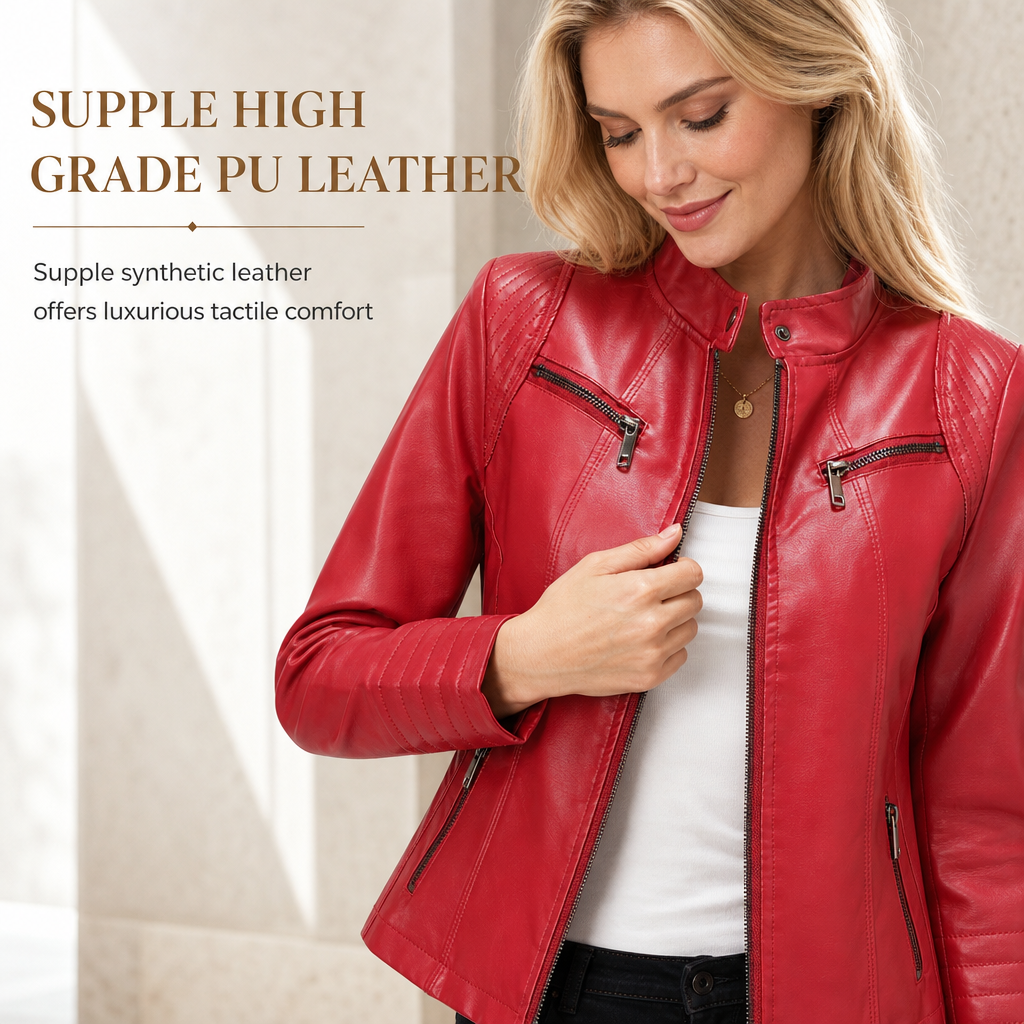 Women's Faux Leather Biker Lightweight Short Motorcycle Coat for Spring and Autumn