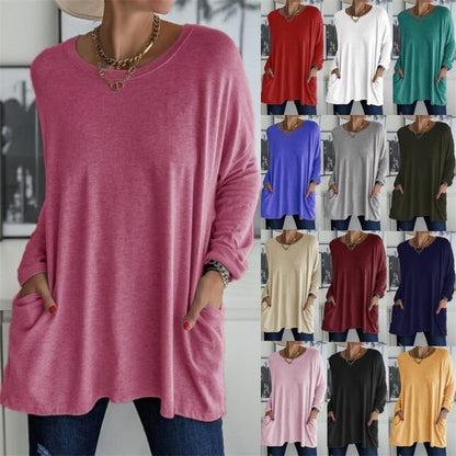 👕 Round Neck Long Sleeve Loose Pocket Solid T-Shirt