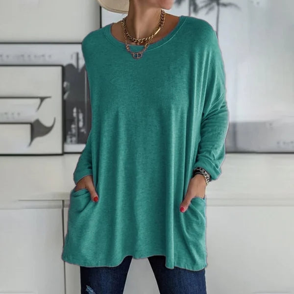 👕 Round Neck Long Sleeve Loose Pocket Solid T-Shirt