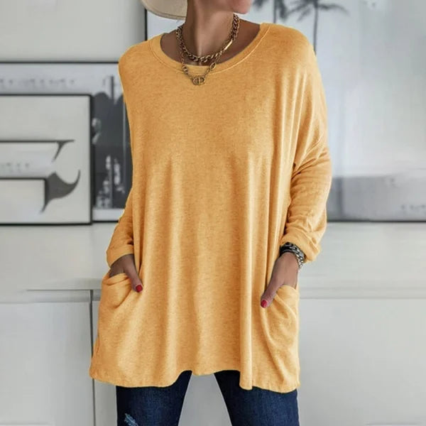 👕 Round Neck Long Sleeve Loose Pocket Solid T-Shirt