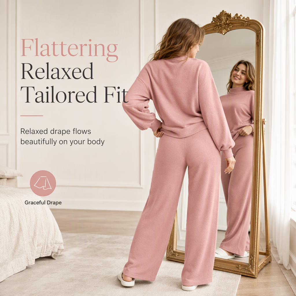 Women's Casual Two-Piece Knit Lounge Set with Mock Neck Long Sleeve Sweatshirt and High-Waisted Wide-Leg Pants