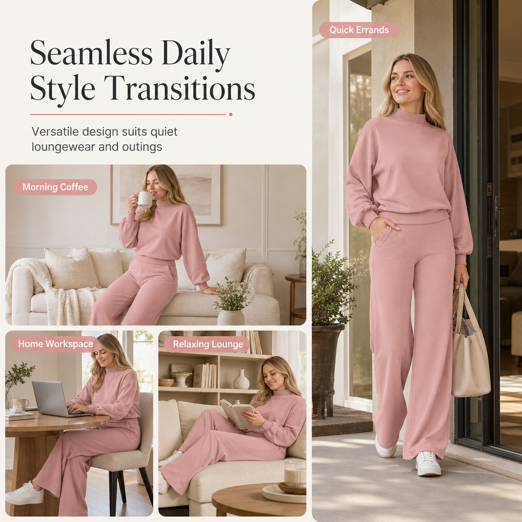 Women's Casual Two-Piece Knit Lounge Set with Mock Neck Long Sleeve Sweatshirt and High-Waisted Wide-Leg Pants